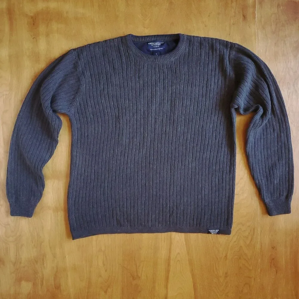 Vintage Y2K Ribbed Sweater Mens S Gray Cotton Wool Blend Pullover 90s 2000s